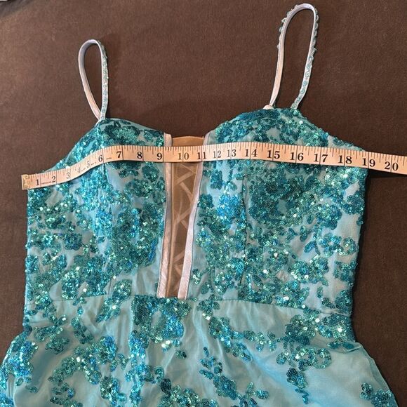 Women’s Blue Mermaid Fit Prom Party Dress Sparkly Sequins Leg Slit Size 12 - Picture 10 of 12